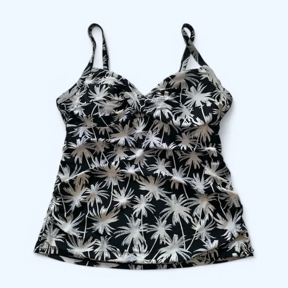 Plus Size Women's Black and White Palm Print Tankini Top - Picture 1 of 3
